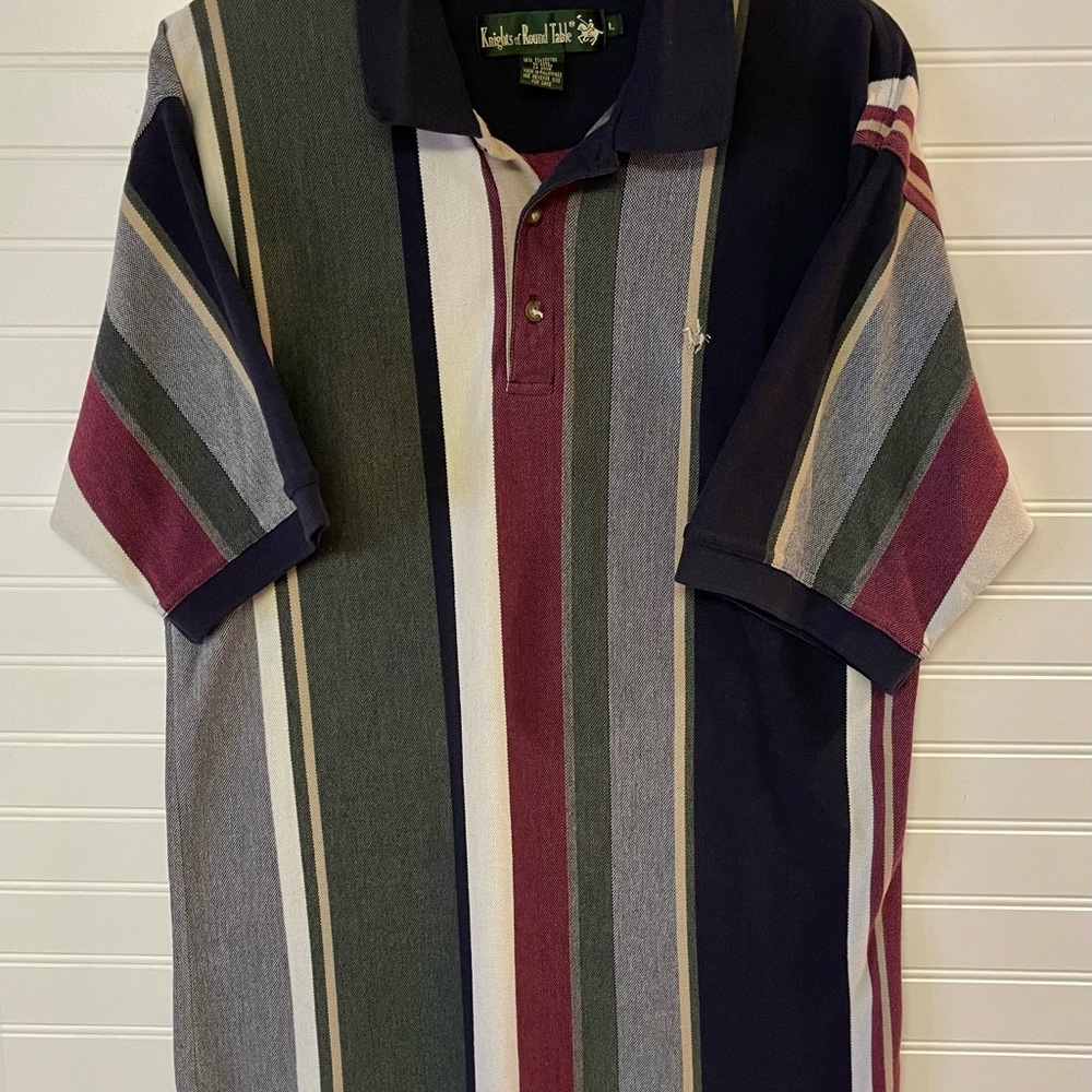 Knights Round Table Large Men's Polo Shirt Multicolor Striped Short Sleeve 1990s